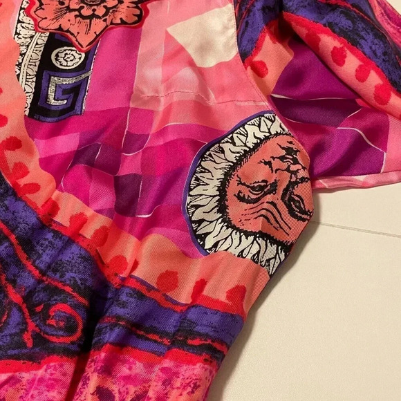 Louis Feraud 80s Vintage Pink 100% Silk Belted Sun Statue Print Dress 10 - Picture 8 of 12